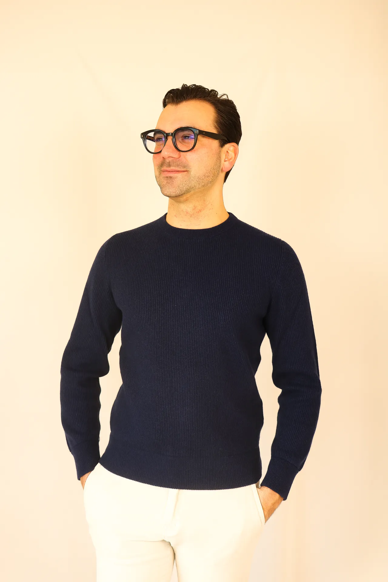 Navy Engelse rib sweater in 100% cashmere – Handgemaakt maatwerk uit Italië